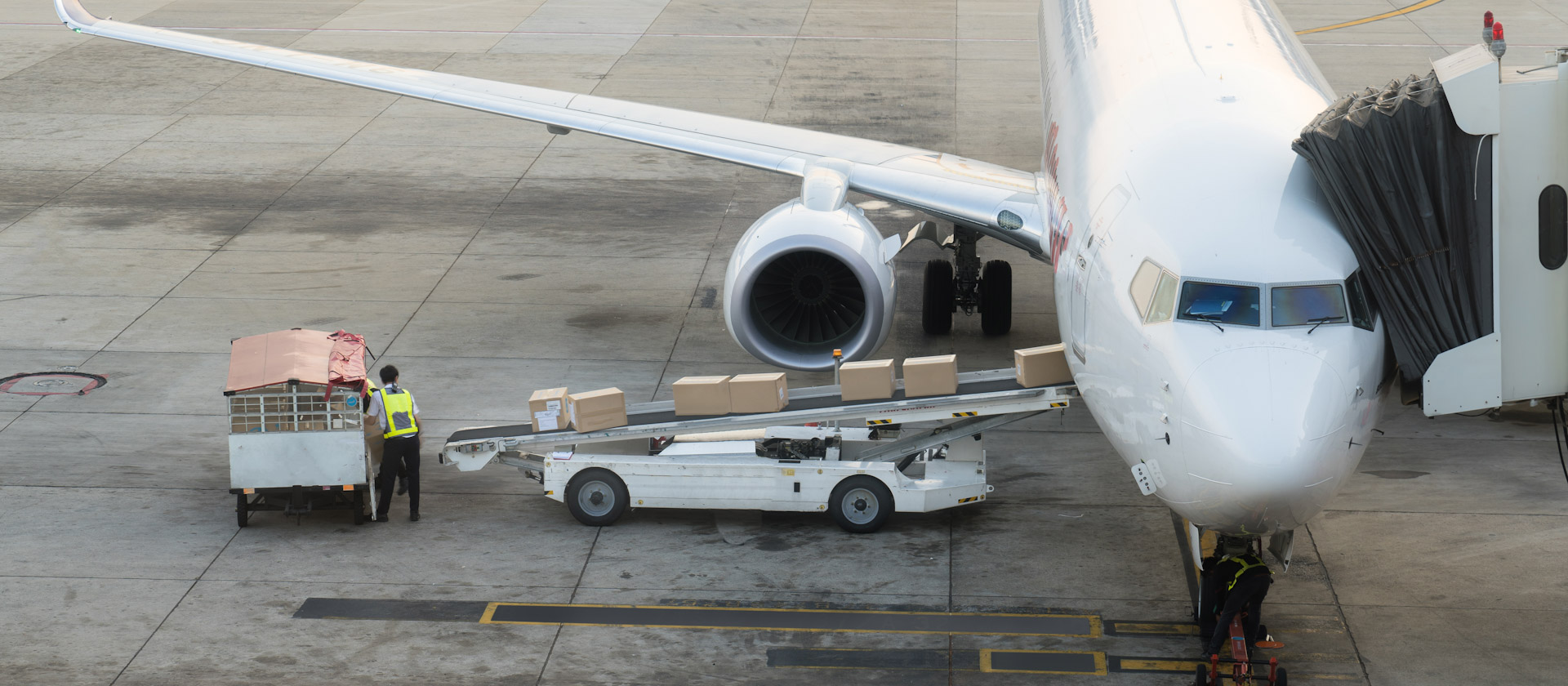 Loading cargo on the plane in airport. Cargo airplane loading or
